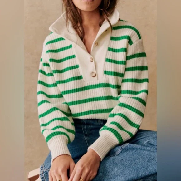 NWT Sézane Kyam Jumper Sweater Ecru & Green Size Small - Picture 1 of 8